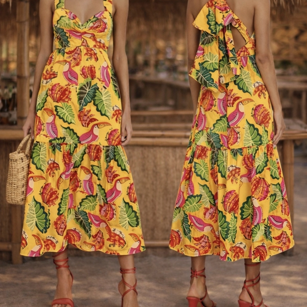 Farm Rio Brazil Yellow Toucan Print Ruffle Back Midi Dress L NWT